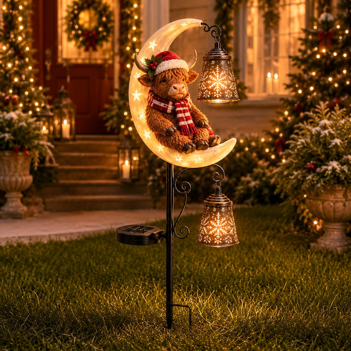 Highland Cow Moon Solar Garden Light glowing in a Christmas front yard