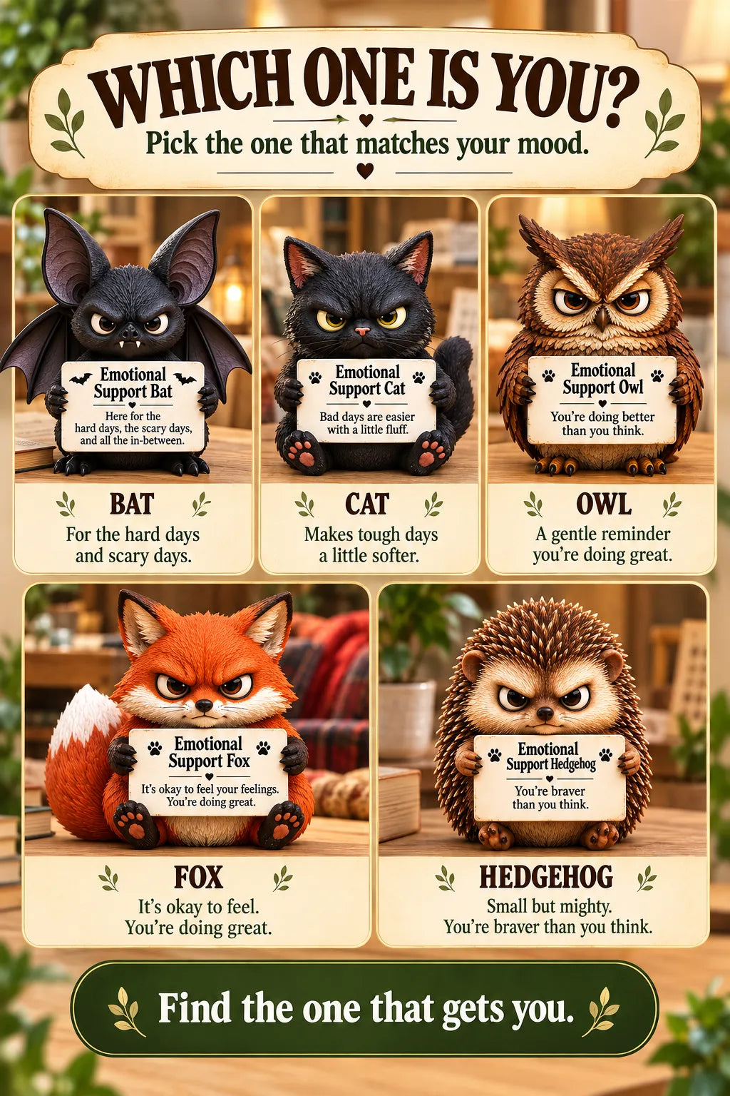 🔥LAST DAY 50% OFF - ✨Cute Grumpy Emotional Support Animal Figures, Mini Tabletop Companion Ornament, Unique Humor‑Filled Gift for Animal Lovers | Collectible Desk Decor