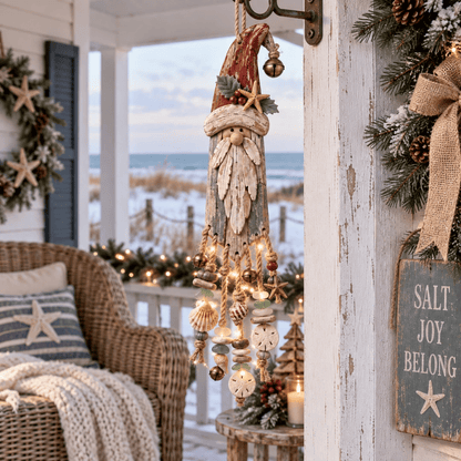 🔔Hot Sale 50% OFF🎄Vintage Coastal Santa Lighted Wall Decor – Beach House Christmas Hanging with Starfish, Shells & Warm Glow🌙