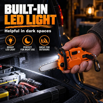 🪚 Mini Chainsaw Keychain Multi-Tool – Rechargeable LED Flashlight & Retractable Utility Cutter