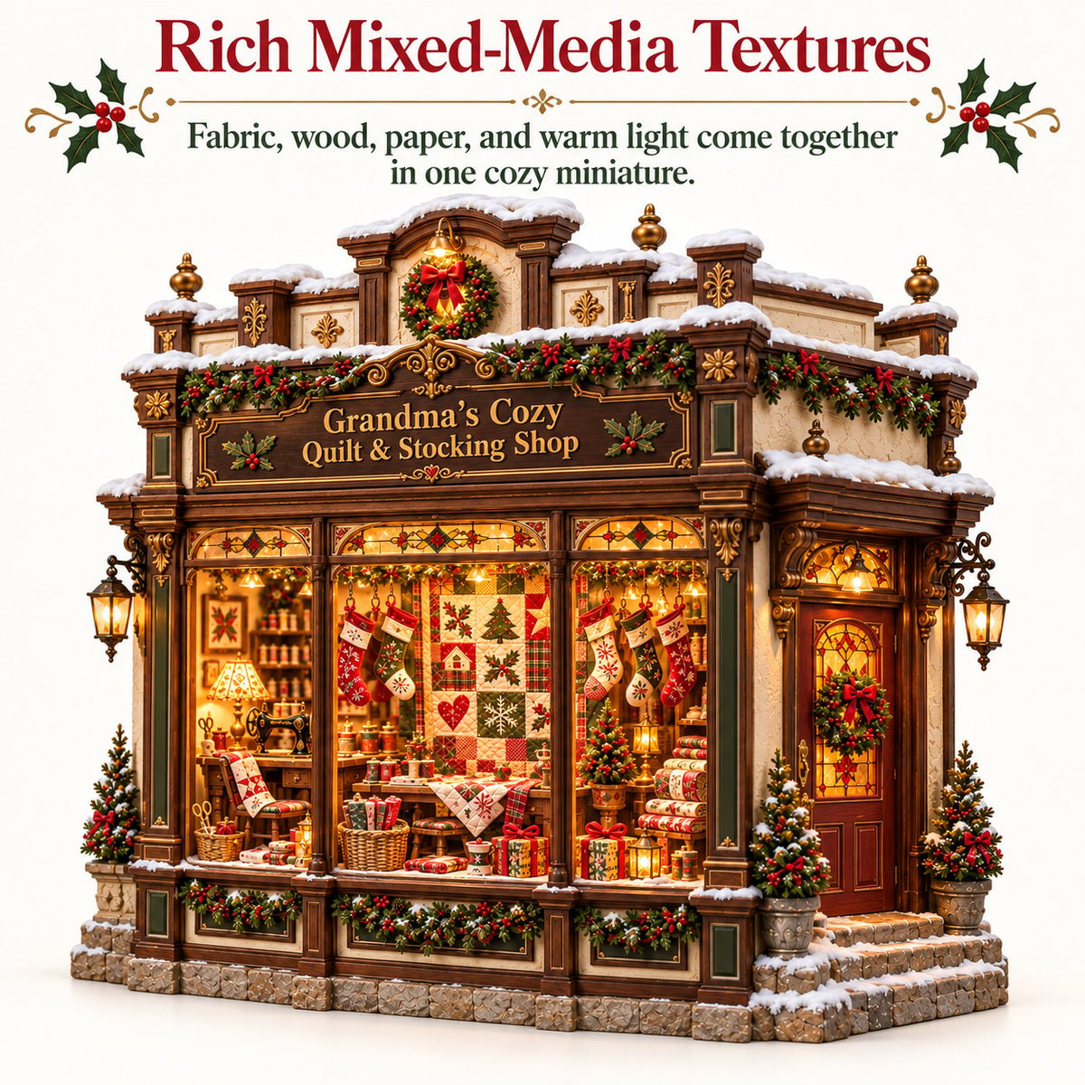 Mixed media fabric wood paper details in Christmas miniature