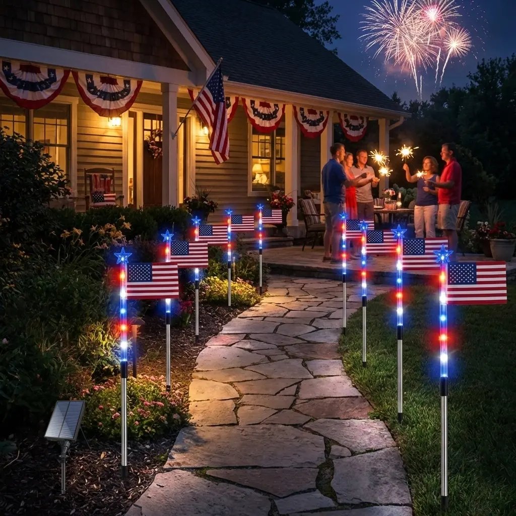 8-Piece American Flag Solar Pathway Lights - Red, White & Blue LED Patriotic Stakes with 8 Lighting Modes - IP65 Waterproof Garden Decor for 4th of July & Memorial Day