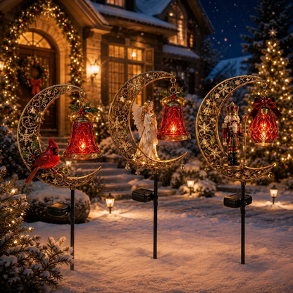 Christmas Solar Crescent Moon Garden Stake Light – Cardinal, Angel & Nutcracke