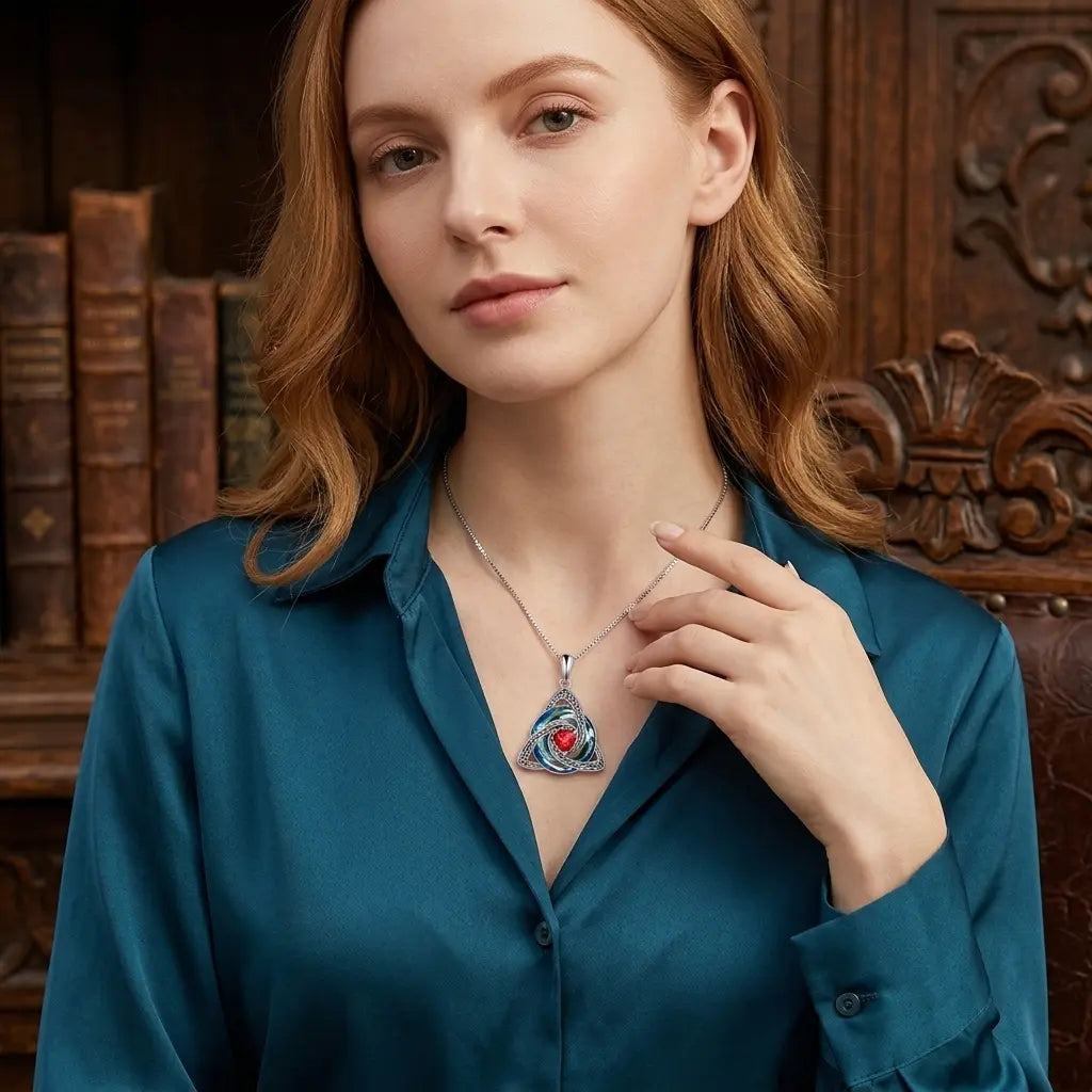 Woman wearing Celtic birthstone necklace