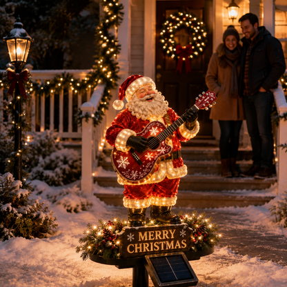 Solar-powered light-up guitar Santa Christmas yard decoration