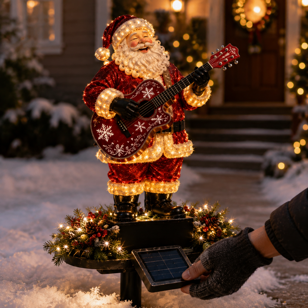 Solar-powered light-up guitar Santa Christmas yard decoration
