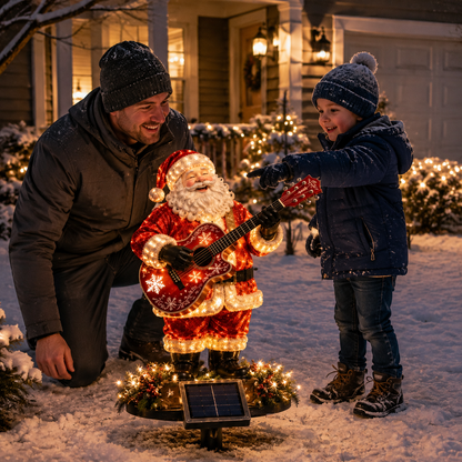 Solar-powered light-up guitar Santa Christmas yard decoration