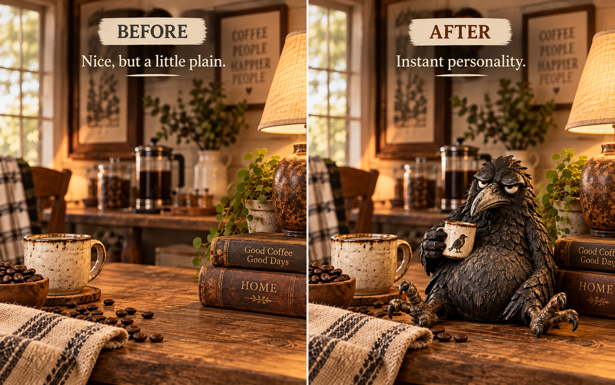 Before and after raven figurine home decor comparison
