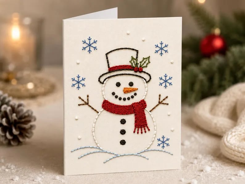 Hand embroidered snowman Christmas card