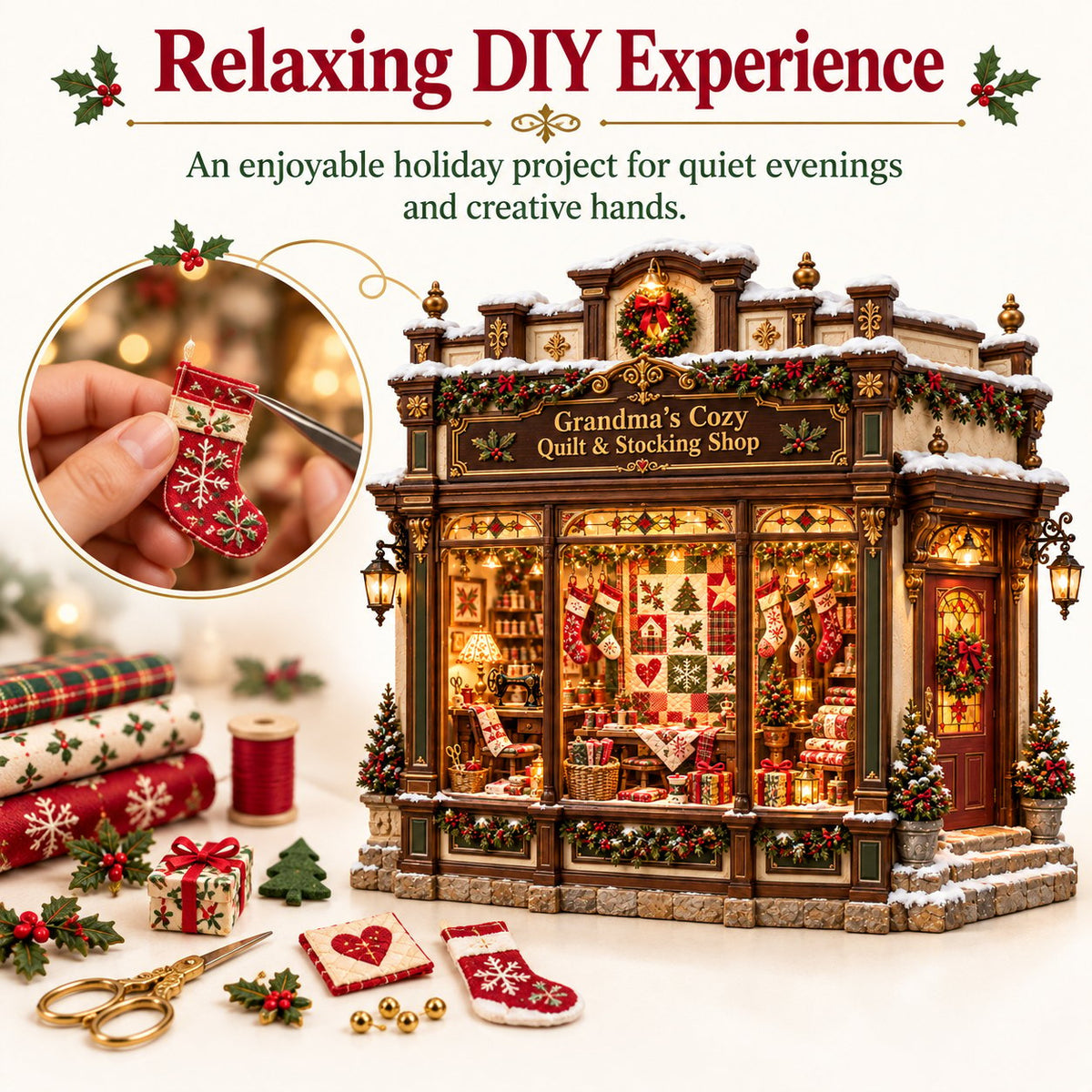 🧵 Grandma’s Cozy Quilt Shop DIY Kit 🎄 | Light-Up Christmas Miniature | Build Your Own Holiday Tradition