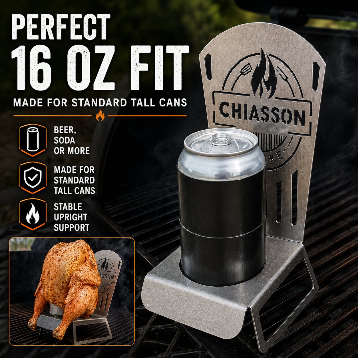 🍗 Chiasson Smoke Beer Can Chicken Chair | Heavy-Duty 18-Gauge Stainless Steel Holder for Stable Upright Grilling & 16 oz Cans 🔥