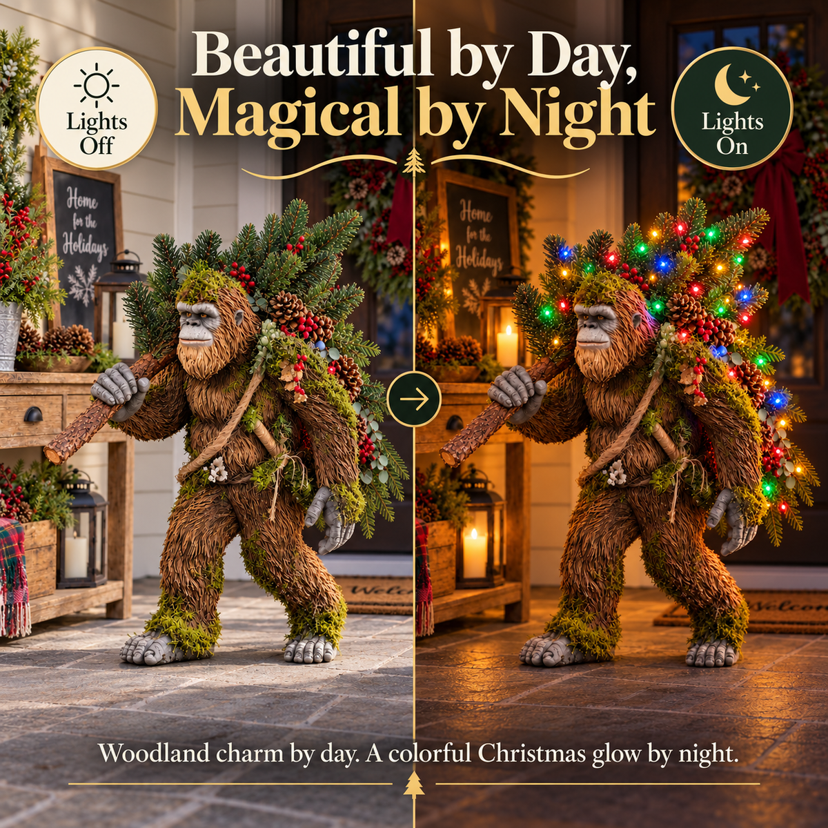 Woodland Bigfoot Christmas decoration shown with its tree lights off and on