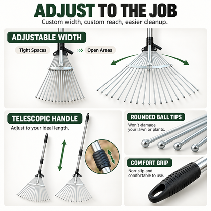 🔥Limited Time 50% OFF🍁 Reach Every Corner – Adjustable Telescopic Leaf Rake with 9 Steel Tines