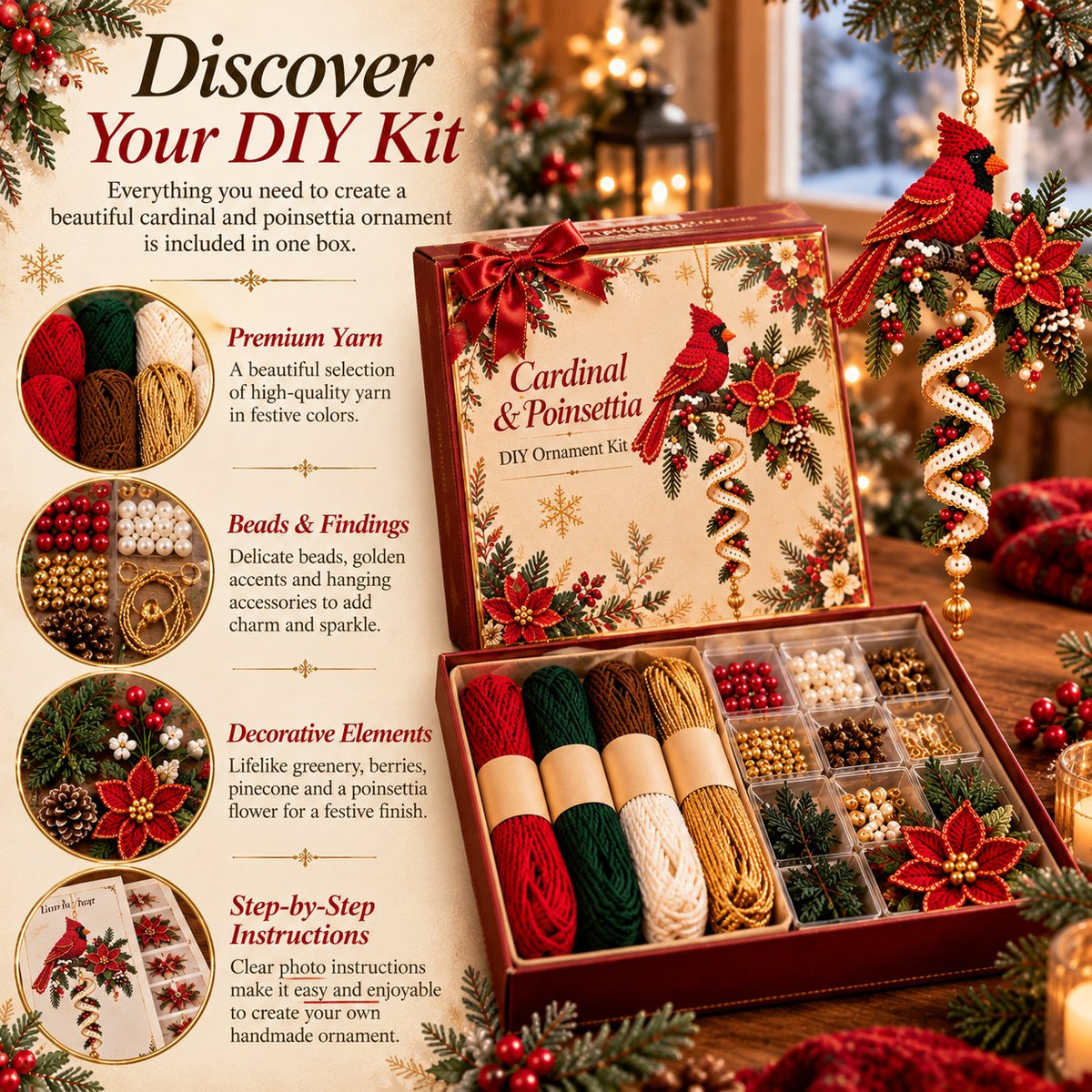 🎄❤️ Cardinal & Poinsettia DIY Ornament Kit