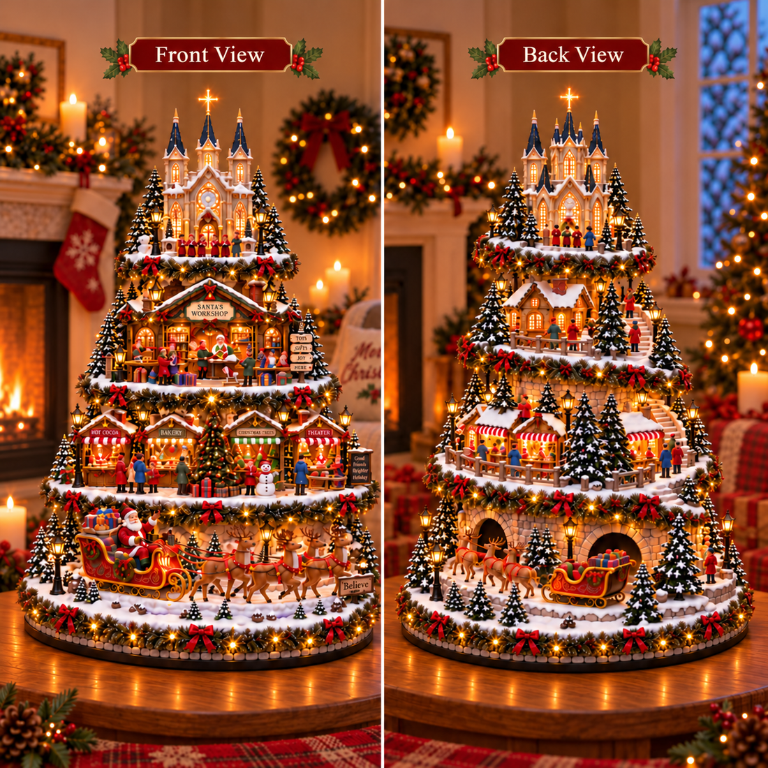 Front and back comparison of the Storybook Christmas Village Tree