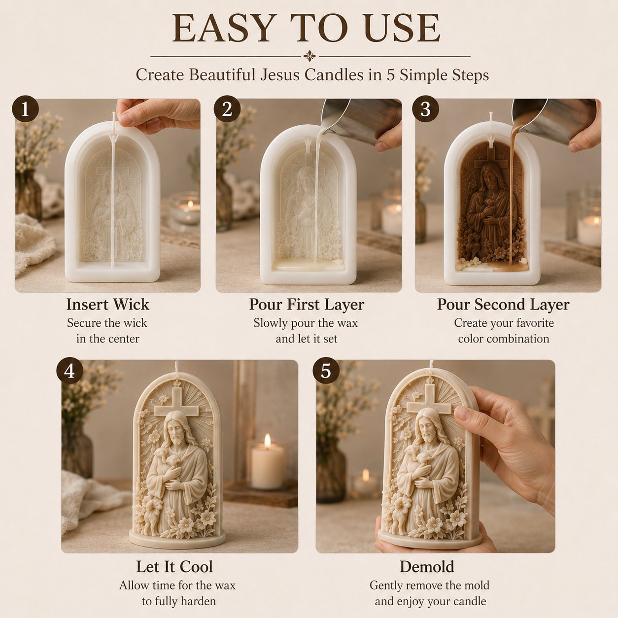 ✝️Good Shepherd Jesus 3D Candle Mold Set | Sculpted Cross, Lamb & Floral Relief for Faith-Inspired Handmade Candles 🕯️✨