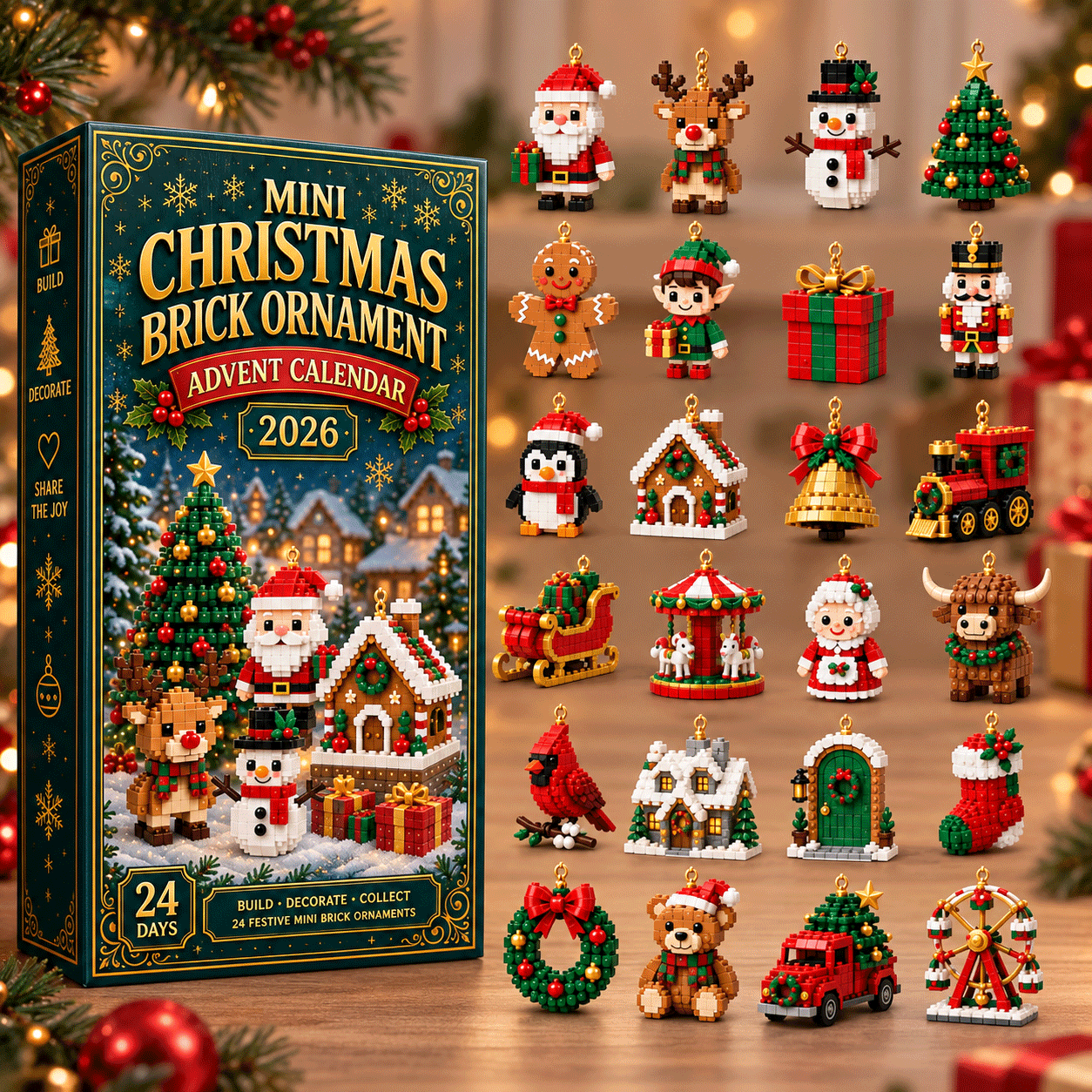 24 unique buildable Christmas brick ornaments