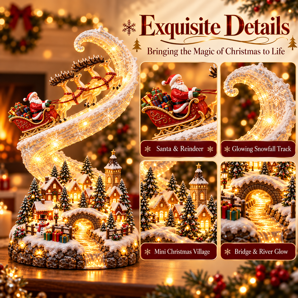 Exquisite details of Santa's Magical Sleigh Ride including reindeer, sparkling snow trail, Christmas village and glowing bridge