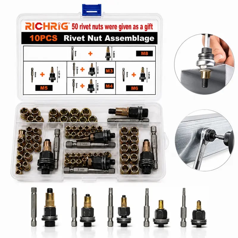 🏆Head Rivet Nut Tool, M3 M4 M5 M6 M8 Rivnut Kit, Carbon Steel Rivnut Set, Threaded Rivet Nut Kit, Manual Riveter Rivnuts Tool Accessory for Automotive Repair Warehouses