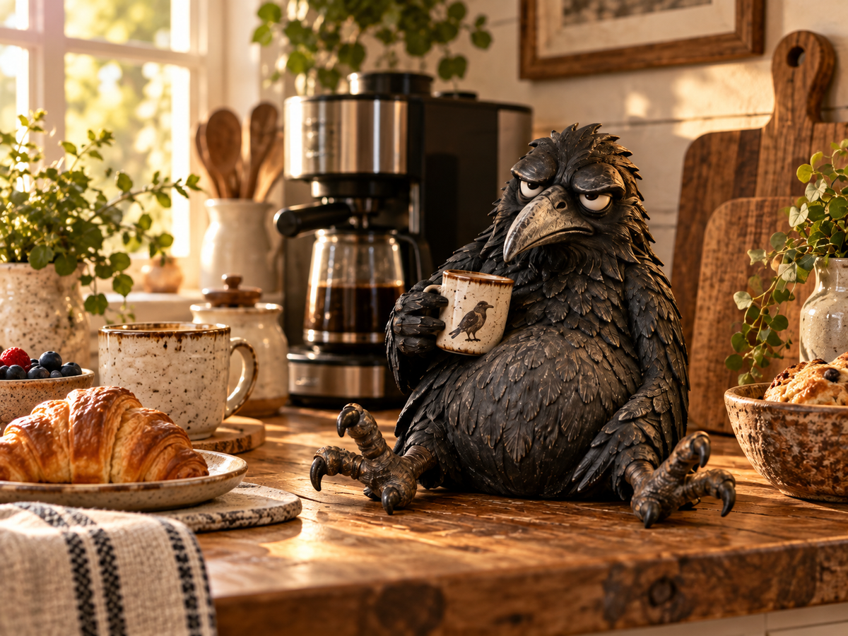 Raven figurine displayed in kitchen