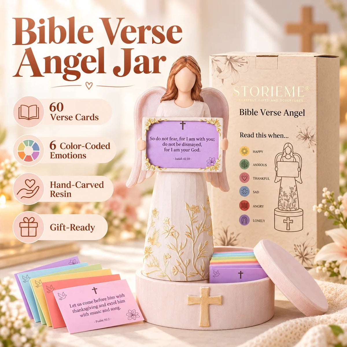 🙏✨Hand-Crafted Resin Angel Figurine with Color-Coded Bible Verse Cards & Storage Box 🕊️🎁