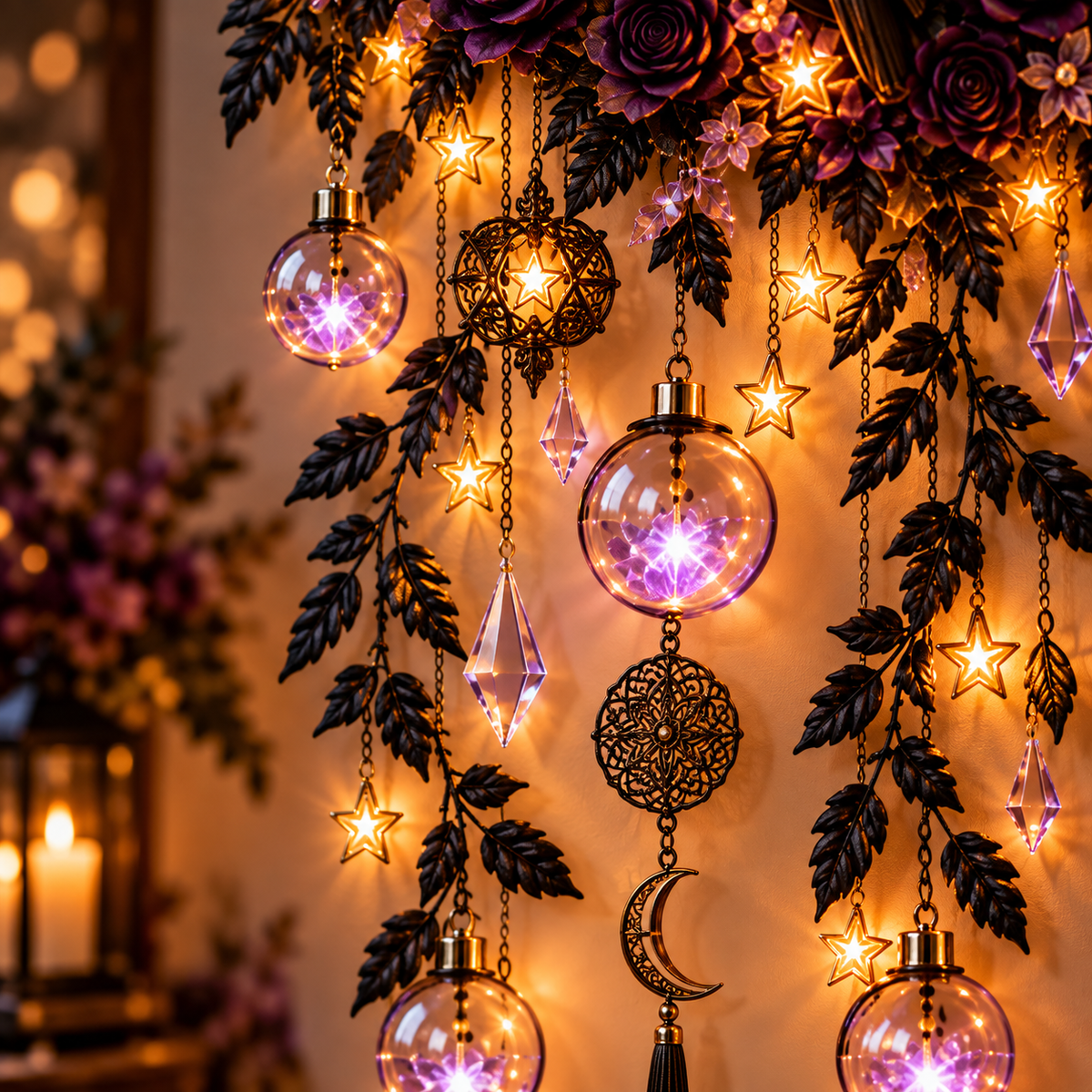 Close up of glowing glass globes stars and hanging ornaments