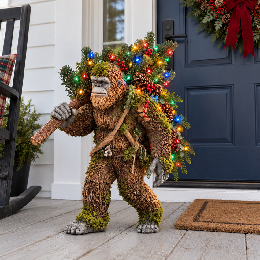 Lighted Woodland Bigfoot outside a blue front door