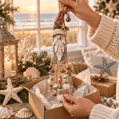 🔔Hot Sale 50% OFF🎄Vintage Coastal Santa Lighted Wall Decor – Beach House Christmas Hanging with Starfish, Shells & Warm Glow🌙