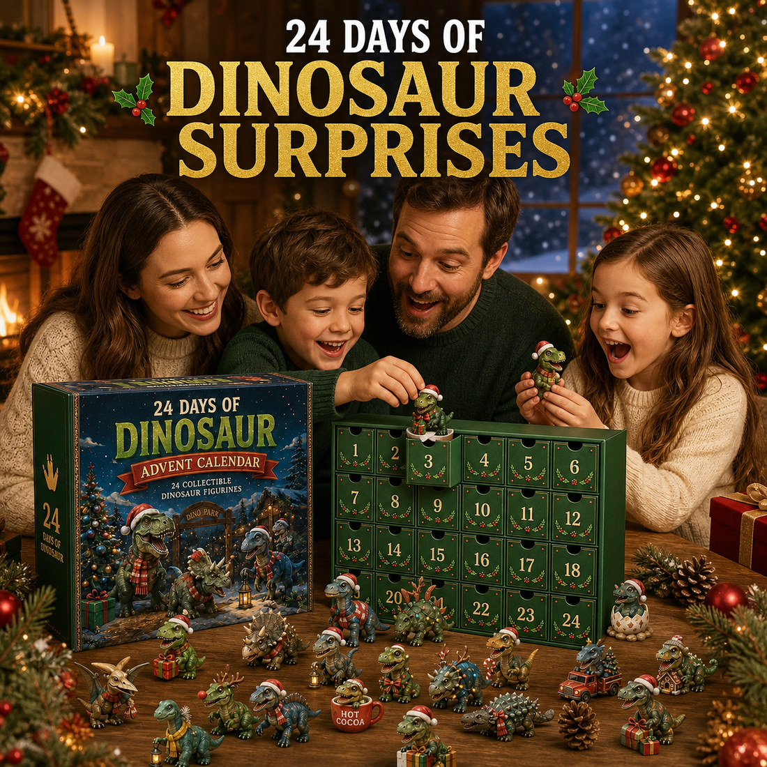 Family opening Dinosaur Christmas Advent Calendar