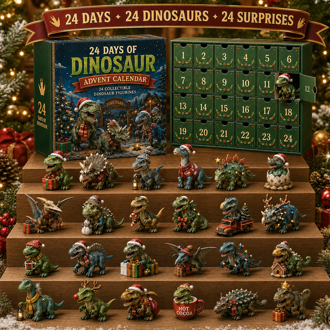 Complete 24-piece dinosaur Christmas collection