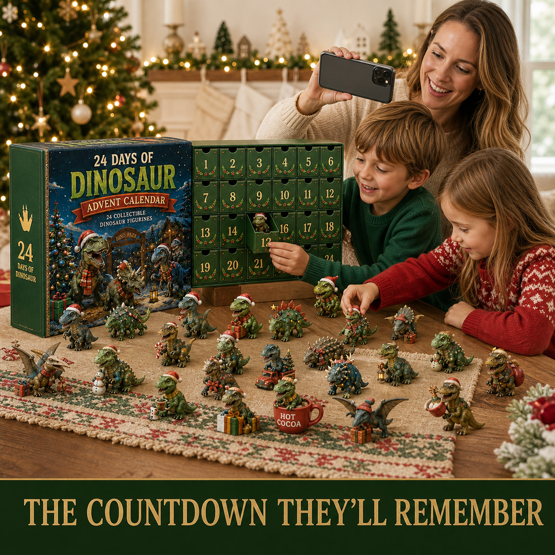 Children playing with 24 dinosaur Christmas miniatures