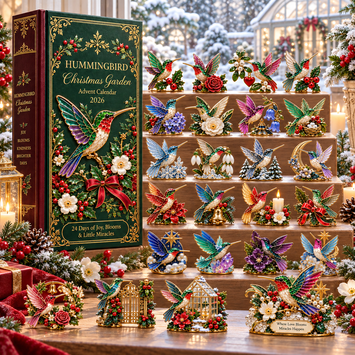 Hummingbird Christmas Garden miniatures displayed in a winter garden setting