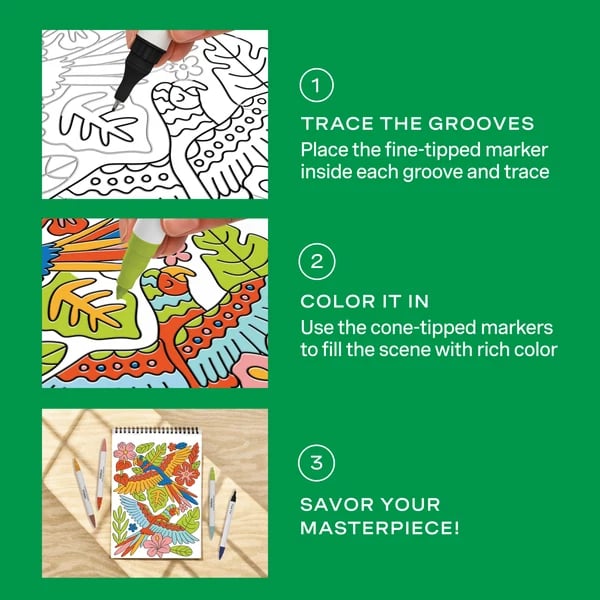 🌿Trace-By-Groove Jungle Oasis – Guided Flow Art Coloring Pad with Double-Sided Markers🎨