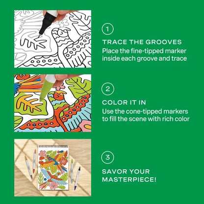 🌿Trace-By-Groove Jungle Oasis – Guided Flow Art Coloring Pad with Double-Sided Markers🎨