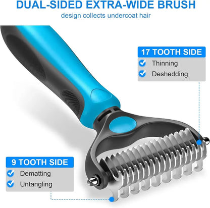🐾Double-Sided Pet Grooming Brush – Hurtless Shedding & Dematting Undercoat Rake for Dogs and Cats