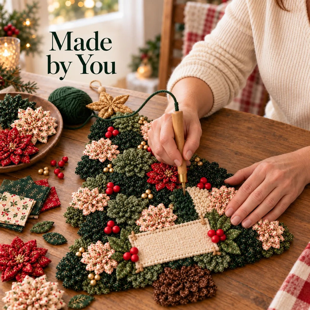 Making Christmas fabric flower decoration