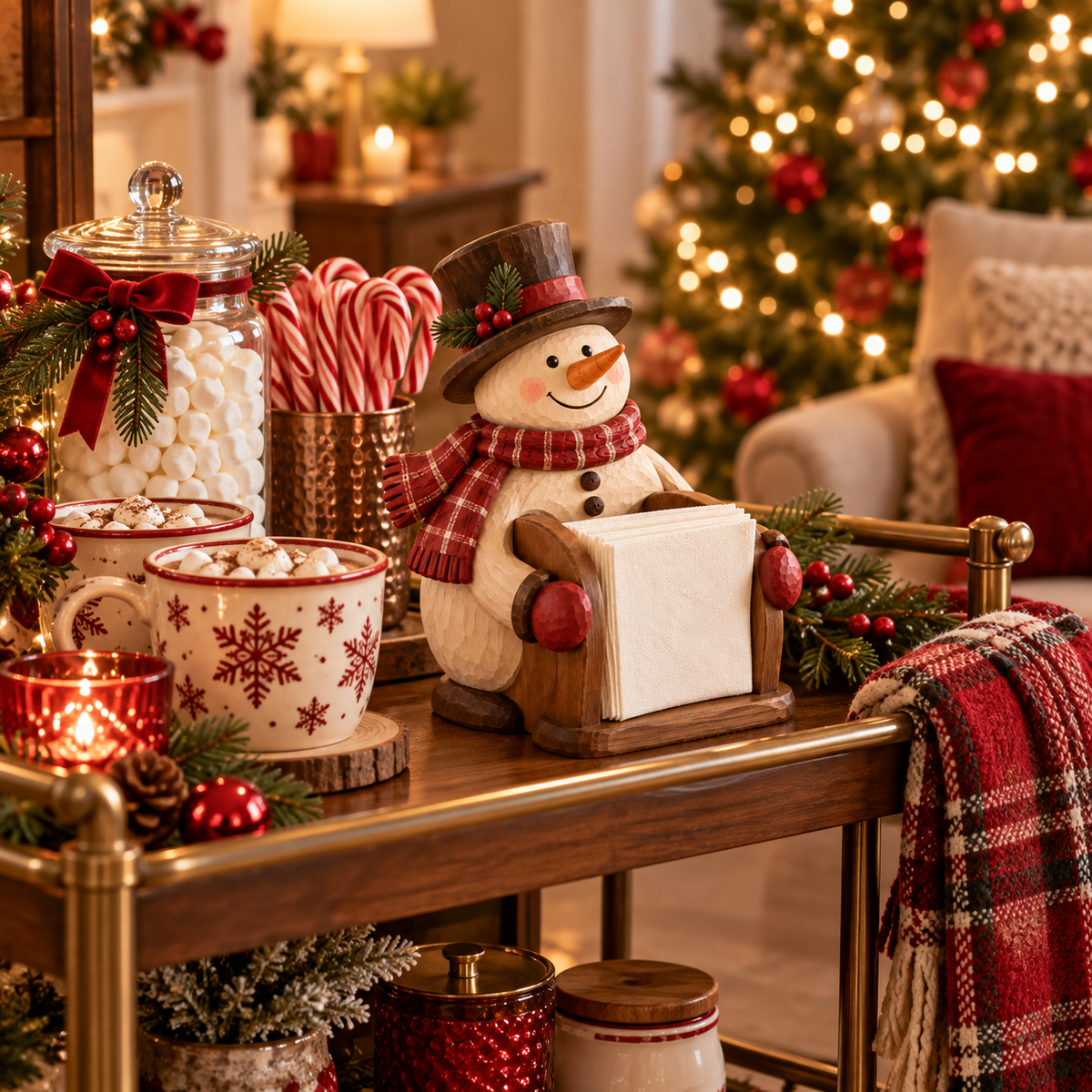 Christmas Wooden Snowman Napkin Holder on festive holiday coffee bar