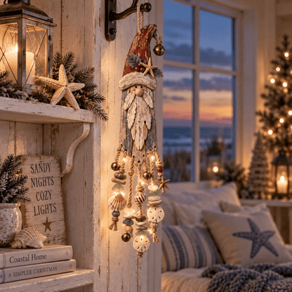 🔔Hot Sale 50% OFF🎄Vintage Coastal Santa Lighted Wall Decor – Beach House Christmas Hanging with Starfish, Shells & Warm Glow🌙
