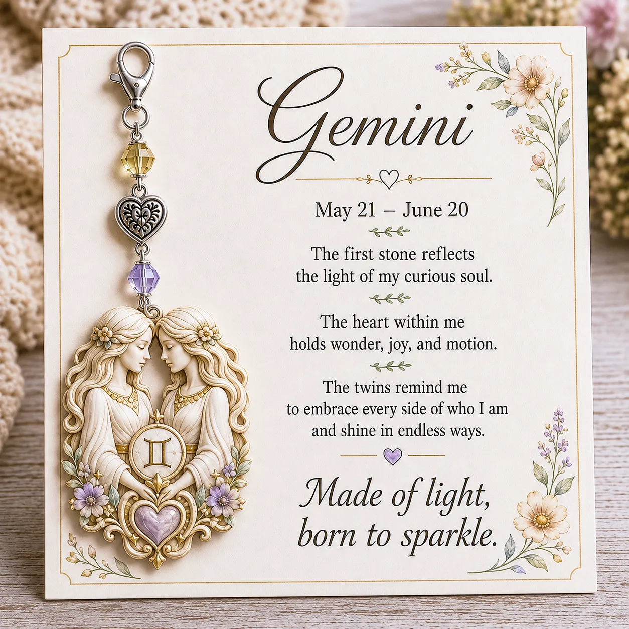 ⏳ Last Day 49% OFF – Buy 3 Get 1 FREE（4 PCS）🌙12 Zodiac Birthstone Charm Keepsake Card Collection | Zodiac Pendant, Birthstone-Inspired Crystal Beads, Heart Charm & Floral Affirmation Card Included ✨