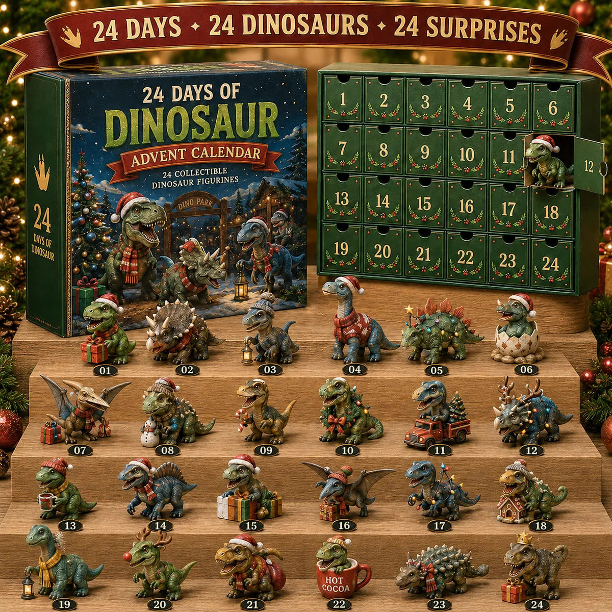 24 Days of Dinosaur Christmas Advent Calendar with 24 collectible dinosaur figurines