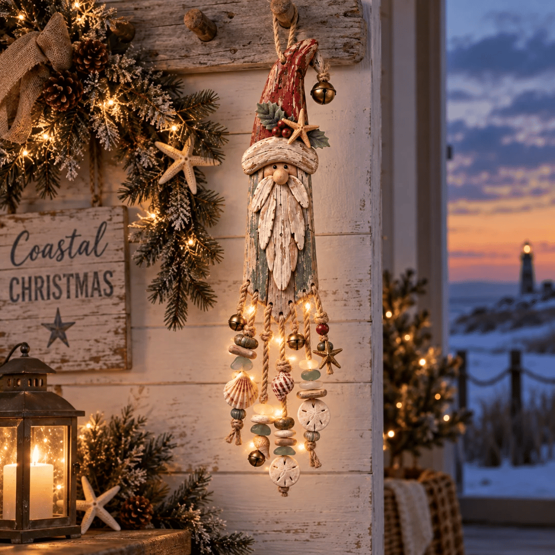 🔔Hot Sale 50% OFF🎄Vintage Coastal Santa Lighted Wall Decor – Beach House Christmas Hanging with Starfish, Shells & Warm Glow🌙