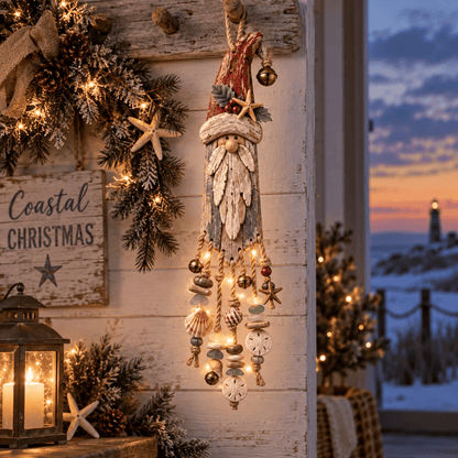 🔔Hot Sale 50% OFF🎄Vintage Coastal Santa Lighted Wall Decor – Beach House Christmas Hanging with Starfish, Shells & Warm Glow🌙