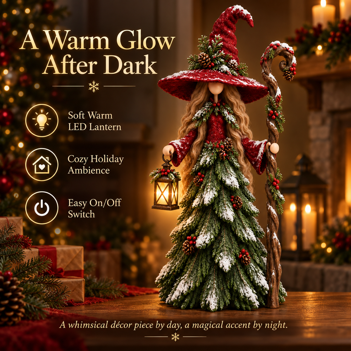 Lantern Keeper Christmas witch glowing warmly after dark