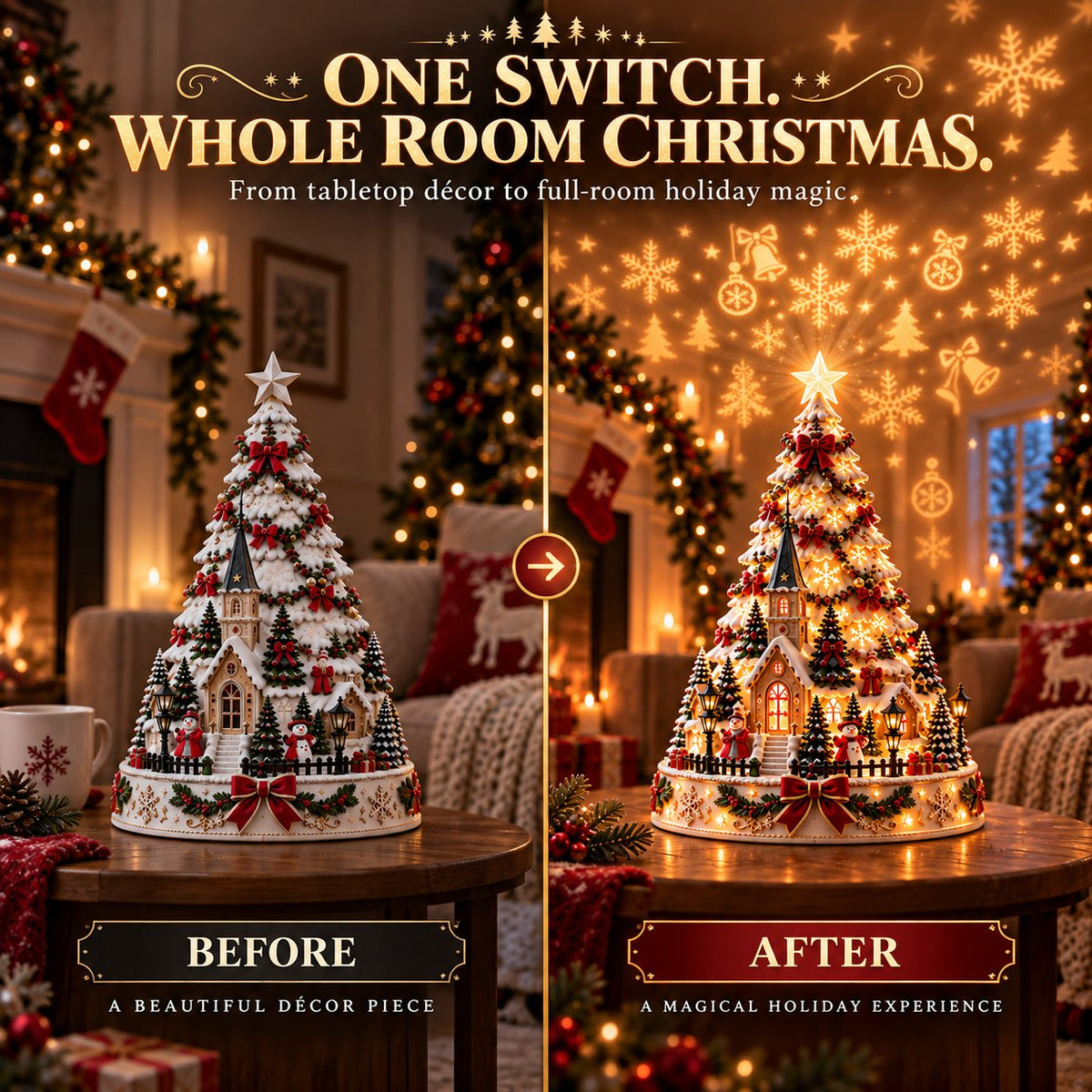 Christmas Village Lightscape Tree before and after lighting
