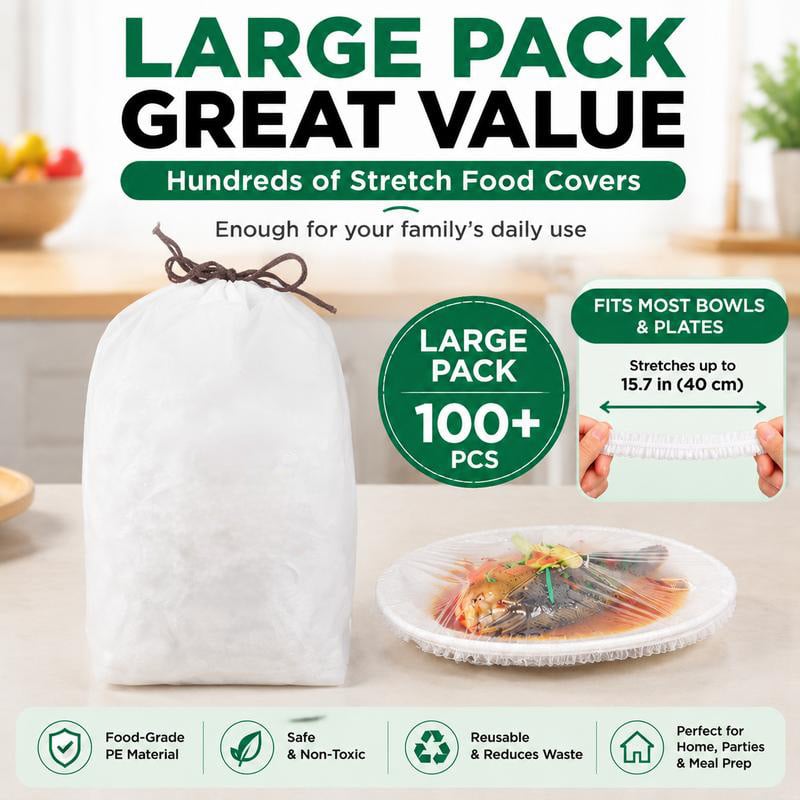 🍽️ 100PCS Disposable Stretch Food Covers - Elastic Bowl & Plate Sealers 🍏
