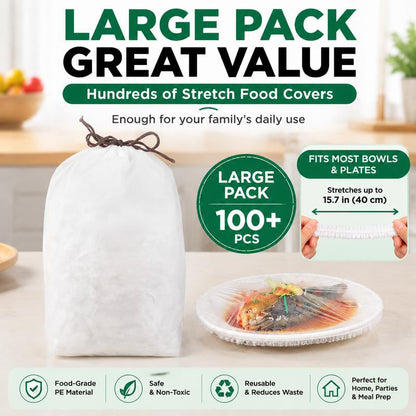 🍽️ 100PCS Disposable Stretch Food Covers - Elastic Bowl & Plate Sealers 🍏