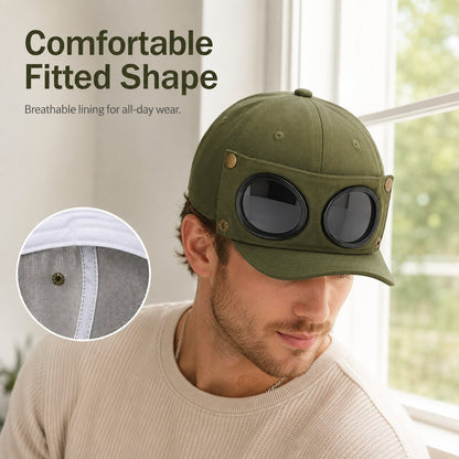 Detachable Goggle Pilot Baseball Cap Vintage Washed Cotton Hat for Street Fashion & Daily Outfit