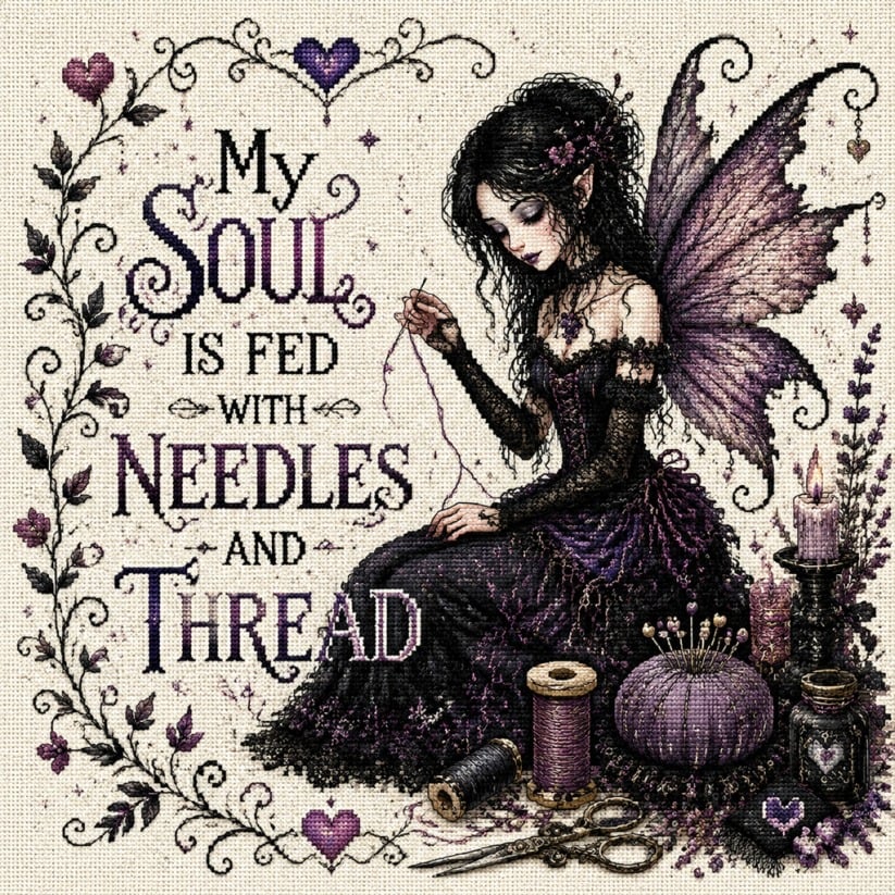 🔥Last Day 50% OFF - 💜 Soul Fed Gothic Fairy Cross Stitch Kit | Mindful Dark Academia Craft Kit for Stress Relief, Slow Living & Handmade Wall Art Decor ✨