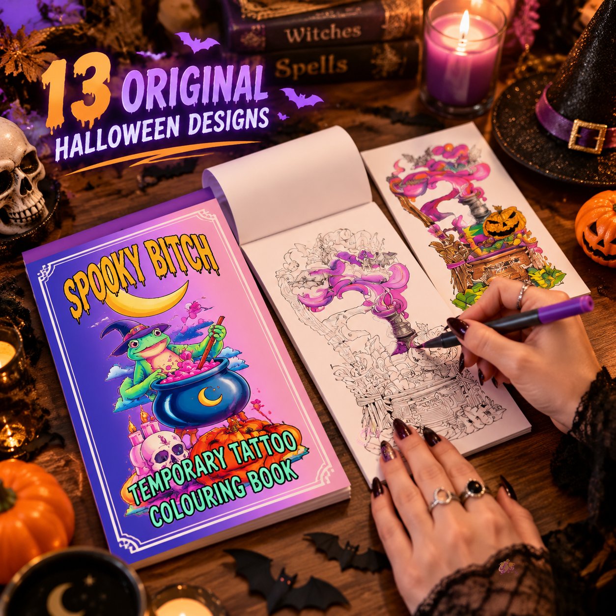 Temporary witchy body art for Halloween outfits and events