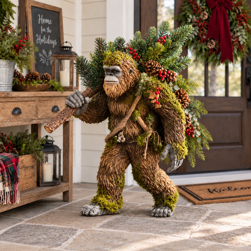 Bigfoot in natural daylight at a decorated porch